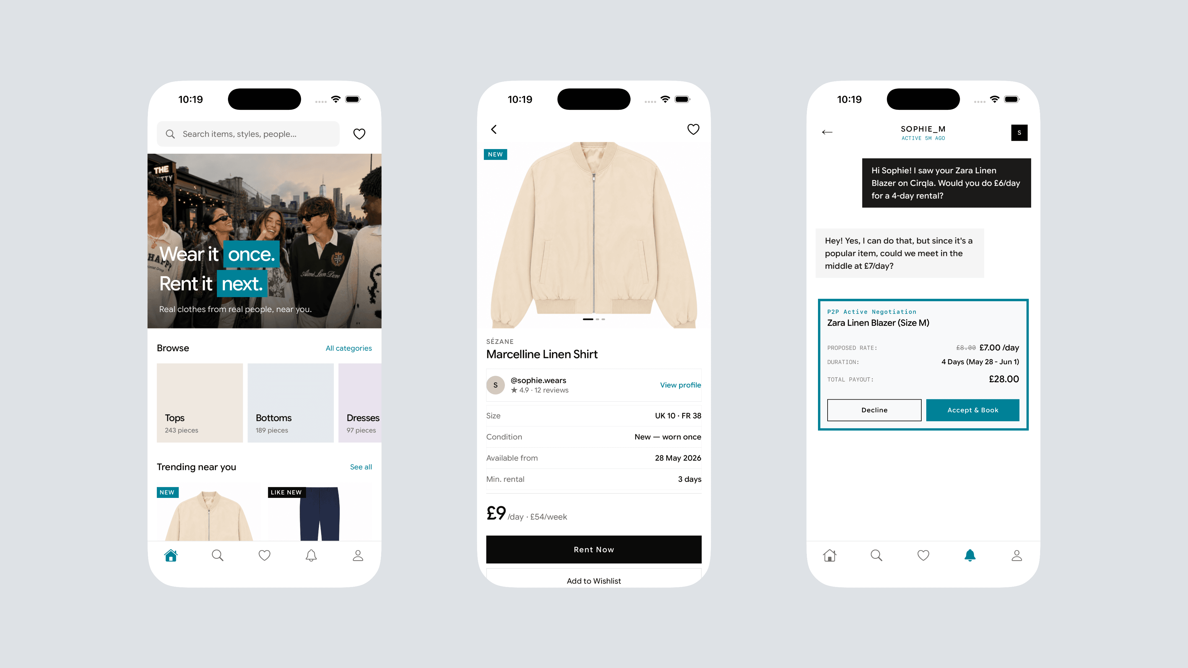 Cirqla mobile app redesign showing browse, product detail, and rental negotiation screens