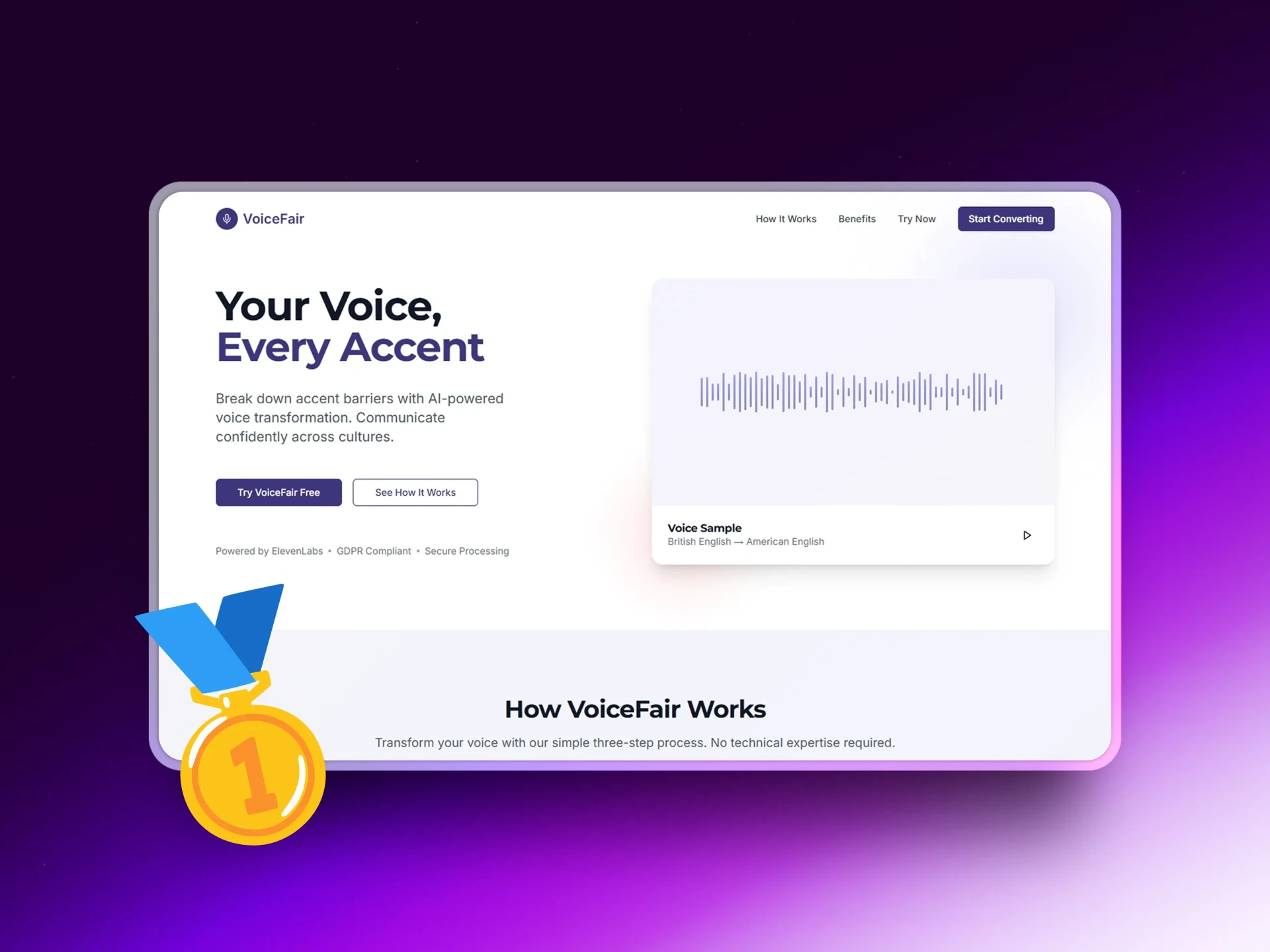 VoiceFair hero page with award